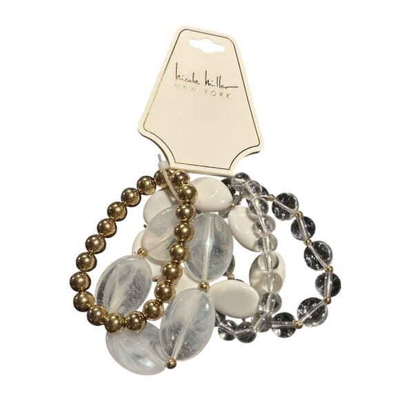Nicole Miller New York Gold & Clear Beaded Stretch Bracelets Set - Picture 1 of 4